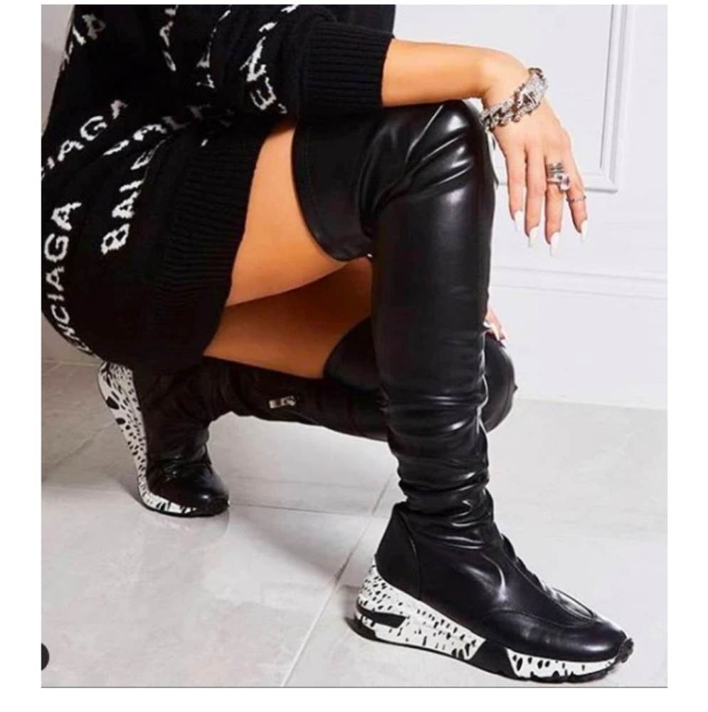 Lemonade Black and White Over the Knee Boots with Artistic Sole